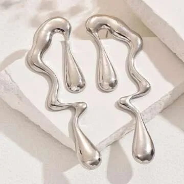 Aksod Tear Drop Earrings Silver Large Teardrop Earrings Stud Irregular Geometric Waterdrop Earrings Jewelry for Women (Silver)