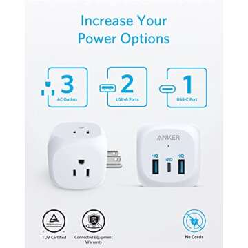 Anker Wall Outlet Extender, USB Wall Charger, 321 Outlet Extender with 3 Outlets and 3 USB Ports, USB Wall Plug for Dorm Room, Home, Office, and Travel