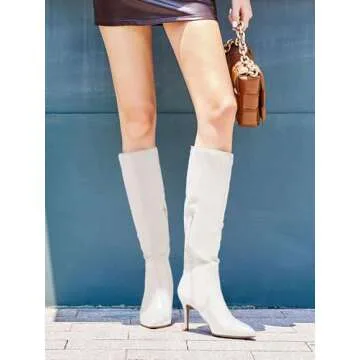 Womens Pointed Toe Knee High Boots Heels Faux Leather Suede Side Zipper Stretch Winter Boots 8.5