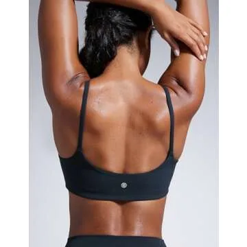 CRZ YOGA Butterbreeze Scoop Neck Sports Bras for Women - Spaghetti Straps Wireless Workout Padded Gym Cami Top True Navy Small