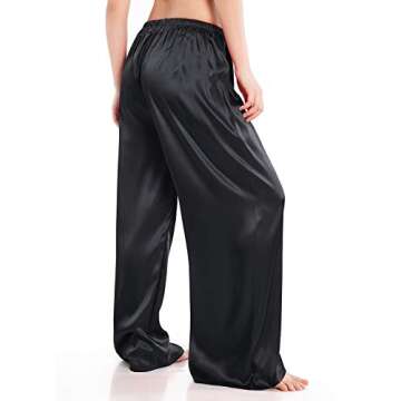 Wantschun Womens Wide Leg Pajama Pants Satin Silk Casual Loose Elastic Waist Lounge Pants Pj Bottoms Black;M