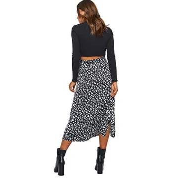 LYANER Leopard Print High Waist Zipper Midi Skirt Black