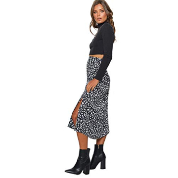 LYANER Leopard Print High Waist Zipper Midi Skirt Black