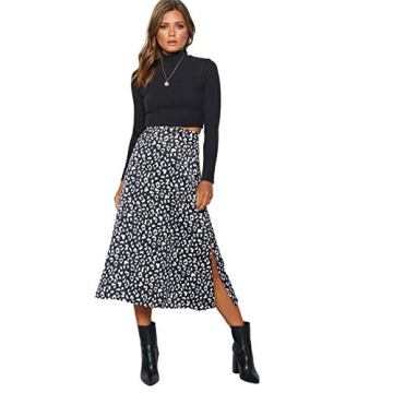 LYANER Leopard Print High Waist Zipper Midi Skirt Black