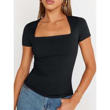 Trendy Queen Women's Square Neck Tops Short Sleeve Shirts Going Out Outfits Workout Summer Clothes Casual Slim Fit T-Shirts 2025 Black M