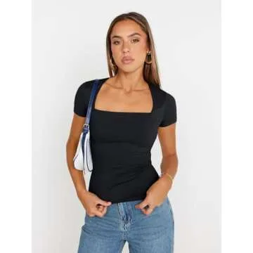 Trendy Queen Women's Square Neck Tops Short Sleeve Shirts Going Out Outfits Workout Summer Clothes Casual Slim Fit T-Shirts 2025 Black M