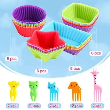 WSmelon Silicone Lunch Box Dividers for kids,24 pcs Bento Box Dividers with 10 Animal Food Picks,Silicone Bento Box Inserts,Silicone Cupcake Baking Cups,Muffin Pan Liners,Reusable and BPA Free