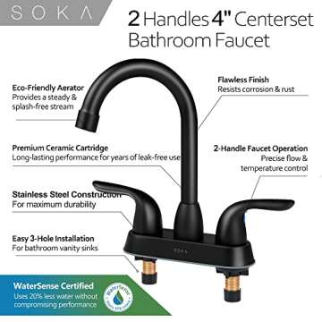 SOKA 2 Handle Bathroom Faucet Black, 4 Inch Black Bathroom Sink Faucet Centerset with Lift Rod Drain Stopper and Supply Hoses, RV Bathroom Faucet 3 Holes, Matte Black Bathroom Faucet