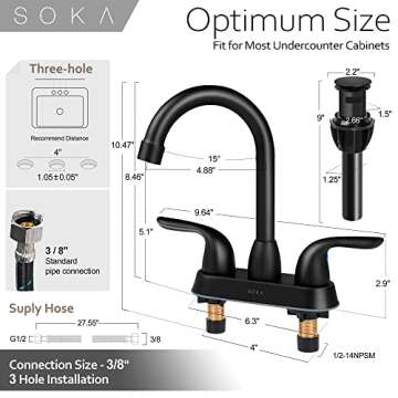 SOKA 2 Handle Bathroom Faucet Black, 4 Inch Black Bathroom Sink Faucet Centerset with Lift Rod Drain Stopper and Supply Hoses, RV Bathroom Faucet 3 Holes, Matte Black Bathroom Faucet
