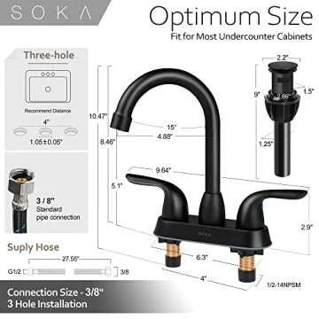 SOKA 2 Handle Bathroom Faucet Black, 4 Inch Black Bathroom Sink Faucet Centerset with Lift Rod Drain Stopper and Supply Hoses, RV Bathroom Faucet 3 Holes, Matte Black Bathroom Faucet
