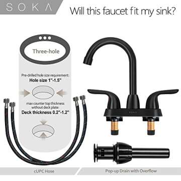SOKA 2 Handle Bathroom Faucet Black, 4 Inch Black Bathroom Sink Faucet Centerset with Lift Rod Drain Stopper and Supply Hoses, RV Bathroom Faucet 3 Holes, Matte Black Bathroom Faucet