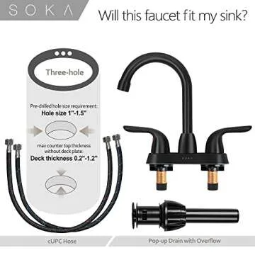 SOKA 2 Handle Bathroom Faucet Black, 4 Inch Black Bathroom Sink Faucet Centerset with Lift Rod Drain Stopper and Supply Hoses, RV Bathroom Faucet 3 Holes, Matte Black Bathroom Faucet