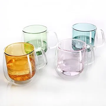 Colorful Double Walled Glass Coffee Mug 11.6 oz. Set of 4 Insulated Coffee Cups with Handle for Latt...