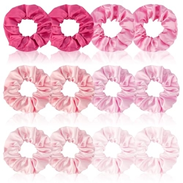 Satin Scrunchies Set of 12 - Elastic Silk Bubble for Girls, Pink Hair Accessories and Valentine's Da...