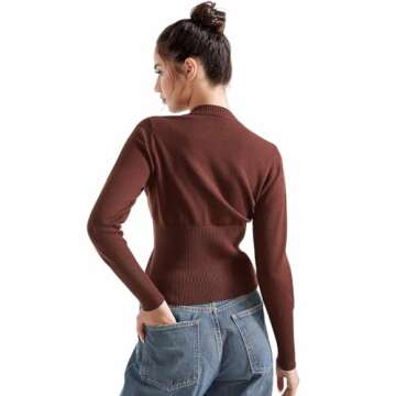 SUUKSESS Women Button Down Cardigan Crew Neck Sweaters Ribbed Knitted Slim Fit Tops (Chocolate, S)