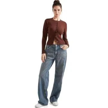 SUUKSESS Women Button Down Cardigan Crew Neck Sweaters Ribbed Knitted Slim Fit Tops (Chocolate, S)