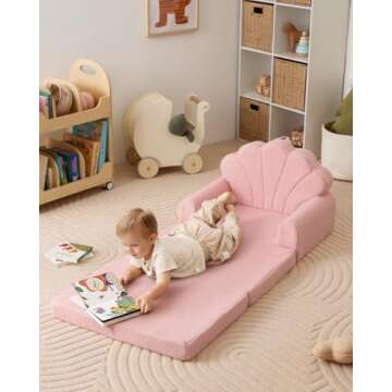 Blissful Diary Kids Couch, 2-in-1 Soft Toddler Couch Fold Out, Toddler Chair Comfy, Convertible Sofa to Lounger with Cute Shell Designs, Pink