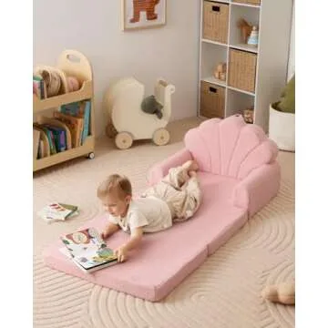 Blissful Diary Kids Couch, 2-in-1 Soft Toddler Couch Fold Out, Toddler Chair Comfy, Convertible Sofa to Lounger with Cute Shell Designs, Pink