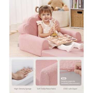 Blissful Diary Kids Couch, 2-in-1 Soft Toddler Couch Fold Out, Toddler Chair Comfy, Convertible Sofa to Lounger with Cute Shell Designs, Pink