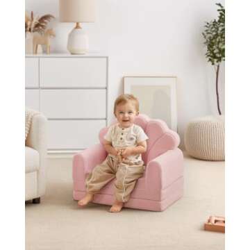 Blissful Diary Kids Couch, 2-in-1 Soft Toddler Couch Fold Out, Toddler Chair Comfy, Convertible Sofa to Lounger with Cute Shell Designs, Pink