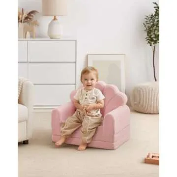 Blissful Diary Kids Couch, 2-in-1 Soft Toddler Couch Fold Out, Toddler Chair Comfy, Convertible Sofa to Lounger with Cute Shell Designs, Pink