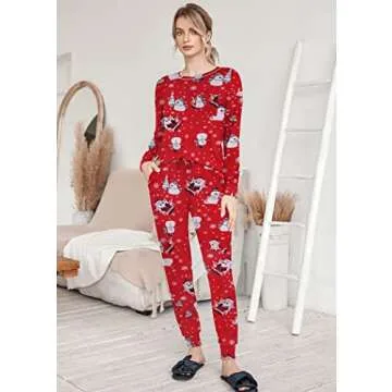 Ekouaer Pajamas Women's Long Sleeve Pj Set Soft 2 Piece Loungewear Sleepwear with Jogger Pants Christmas Print,XS