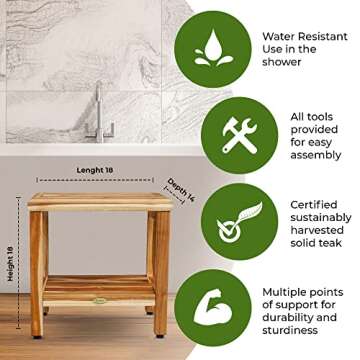 EcoDecors 18 inch, Teak Shower Bench, Teak Shower Seat, Teak Bench for Shower, Teak Stool, Teak Shower Chair, Teak Shower Bench for Inside Shower, Teakwood Shower Bench