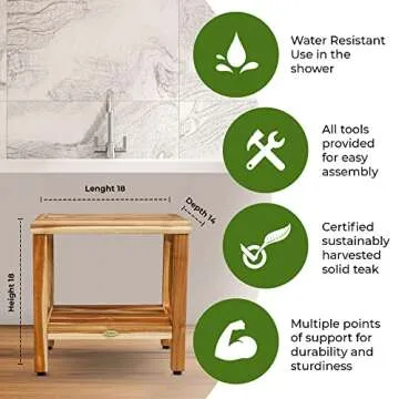 EcoDecors 18 inch, Teak Shower Bench, Teak Shower Seat, Teak Bench for Shower, Teak Stool, Teak Shower Chair, Teak Shower Bench for Inside Shower, Teakwood Shower Bench