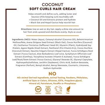 Desert Essence Coconut Soft Curls Hair Cream - Plant-Based Curl Cream for Curly Hair - Silicone-Free - Hydrating with Coconut Oil, Black Oat Extract - Vegan, Gluten-Free, Cruelty-Free, 6.4 oz