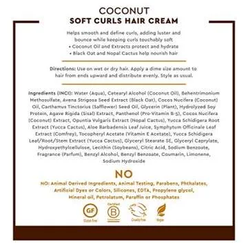 Desert Essence Coconut Soft Curls Hair Cream - Plant-Based Curl Cream for Curly Hair - Silicone-Free - Hydrating with Coconut Oil, Black Oat Extract - Vegan, Gluten-Free, Cruelty-Free, 6.4 oz