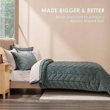 EVERGRACE 3 Pieces Luxurious Velvet King Quilts, Ultra Soft Lightweight Velvet Comforter Set, Matelasse Oversized Bedspread Coverlet for All Season with 2 Shams, Forest Green, 108"x96"