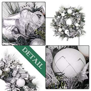 Valery Madelyn Pre-Lit 24" Silver White Artificial Greenery Spruce Front Door Wreath Home Wall Wedding Decor, Balls Included, Battery Operated 20 LED Lights Remote Timer