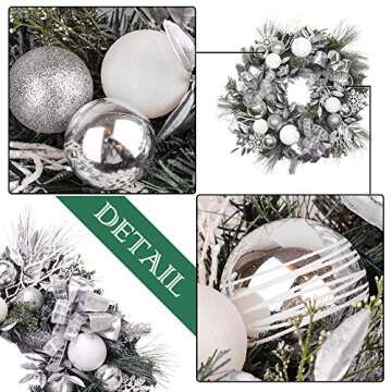 Valery Madelyn Pre-Lit 24" Silver White Artificial Greenery Spruce Front Door Wreath Home Wall Wedding Decor, Balls Included, Battery Operated 20 LED Lights Remote Timer