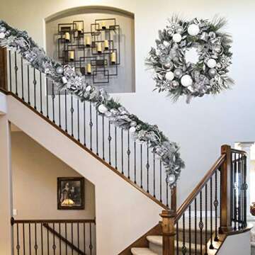 Valery Madelyn Pre-Lit 24" Silver White Artificial Greenery Spruce Front Door Wreath Home Wall Wedding Decor, Balls Included, Battery Operated 20 LED Lights Remote Timer