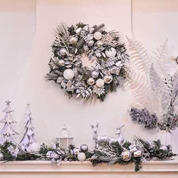 Valery Madelyn Pre-Lit 24" Silver White Artificial Greenery Spruce Front Door Wreath Home Wall Wedding Decor, Balls Included, Battery Operated 20 LED Lights Remote Timer