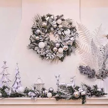 Valery Madelyn Pre-Lit 24" Silver White Artificial Greenery Spruce Front Door Wreath Home Wall Wedding Decor, Balls Included, Battery Operated 20 LED Lights Remote Timer