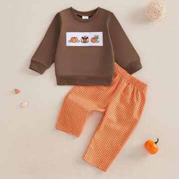 Thanksgiving Toddler Baby Boy Outfit Turkey Pumpkin Embroidered Shirt And Plaid Pants Vingate My Fir...