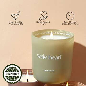 Wakeheart Airplane Mode Premium Soy Coconut Wax Candle, Non-Toxic, Highly Scented Fragrance, Notes of Fresh Lilies, Green Moss and Cedarwood Bark, Hand Poured in LA, 8oz 55 Hour Clean Burn Time