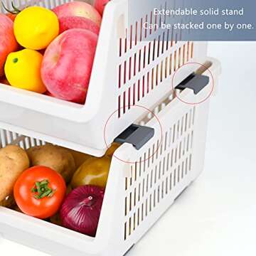 Baffect Pantry organizers, set of 2 Plastic Basket with rollers, Stackable Storage Bins for onions and potatoes (Beige)