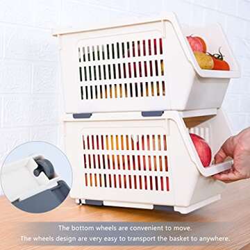 Baffect Pantry organizers, set of 2 Plastic Basket with rollers, Stackable Storage Bins for onions and potatoes (Beige)
