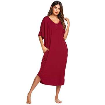 Ekouaer Womens Wine Red Nightgown with Pockets Long Loungewear Sleepwear Short Sleeve