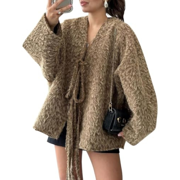 COZYPOIN Women's Bow Tie Front Cardigan Jacket Fuzzy Oversized V Neck Long Sleeve Batwing Wool Blend...