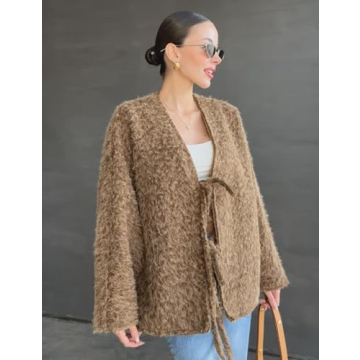 COZYPOIN Women's Bow Tie Front Cardigan Jacket Fuzzy Oversized V Neck Long Sleeve Batwing Wool Blend Coats Outerwear(Brown-M)