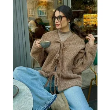 COZYPOIN Women's Bow Tie Front Cardigan Jacket Fuzzy Oversized V Neck Long Sleeve Batwing Wool Blend Coats Outerwear(Brown-M)