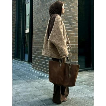 COZYPOIN Women's Bow Tie Front Cardigan Jacket Fuzzy Oversized V Neck Long Sleeve Batwing Wool Blend Coats Outerwear(Brown-M)