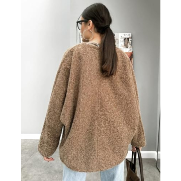 COZYPOIN Women's Bow Tie Front Cardigan Jacket Fuzzy Oversized V Neck Long Sleeve Batwing Wool Blend Coats Outerwear(Brown-M)