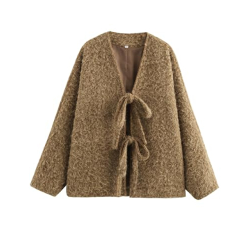 COZYPOIN Women's Bow Tie Front Cardigan Jacket Fuzzy Oversized V Neck Long Sleeve Batwing Wool Blend Coats Outerwear(Brown-M)