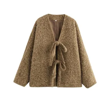 COZYPOIN Women's Bow Tie Front Cardigan Jacket Fuzzy Oversized V Neck Long Sleeve Batwing Wool Blend Coats Outerwear(Brown-M)