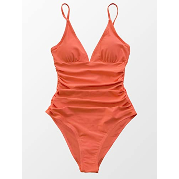 CUPSHE Women's V Neck Shirring Swimsuit Orange Flattering Fit