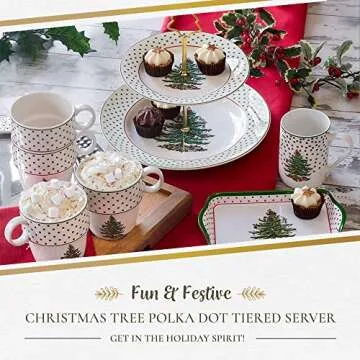 Spode Christmas Tree 2-Tiered Server (8" & 10") - Polka Dot Tiered Tray for Serving Food, Cake, Dess...